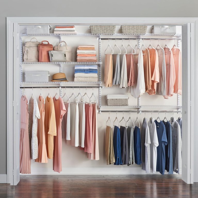 Rubbermaid Configurations Deluxe Custom Closet Kit in a closet with clothes and accessories