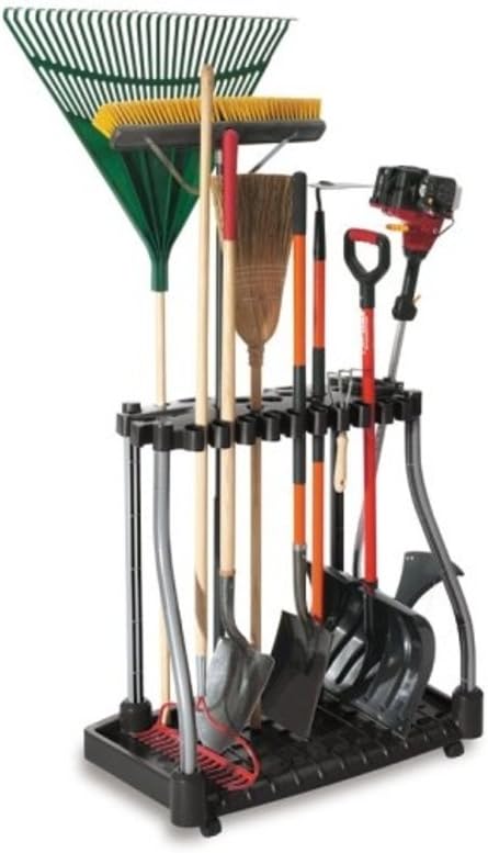 Rubbermaid Tool Tower Rack with a rake, broom, shovel, and other tools