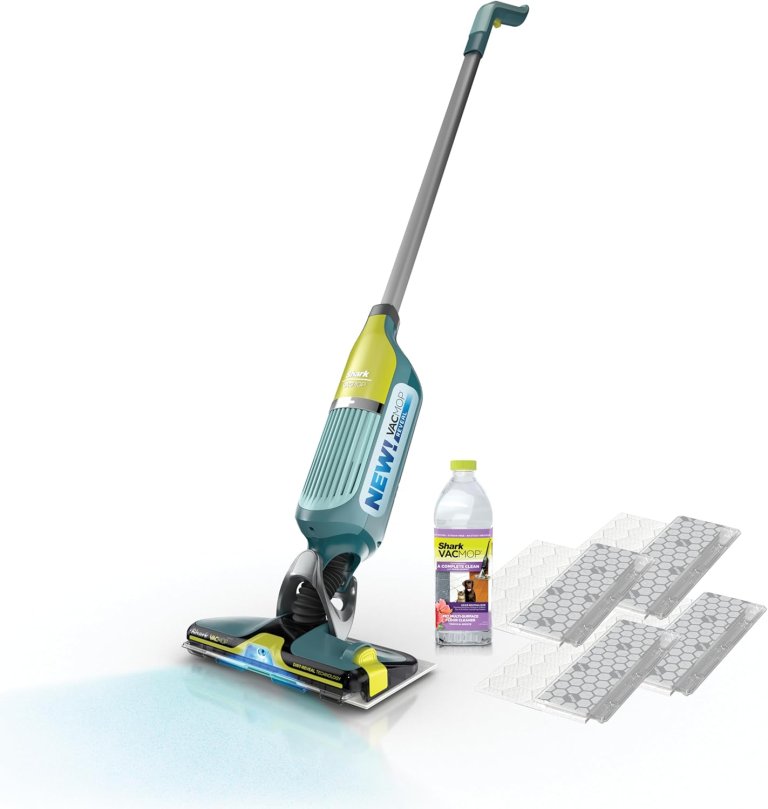 Shark Vacmop, 4 extra pads and a bottle of cleaning solution on a white background