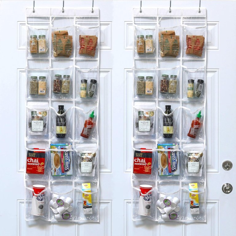 Simple Houseware Hanging Pantry Organizer hanging on the back of a pantry door
