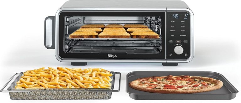 Ninja SP201/FT205CO Digital Air Fry Pro Countertop 8-in-1 Oven with Extended Height, XL Capacity, black (Renewed) , fryer basket, pizza tray on white background