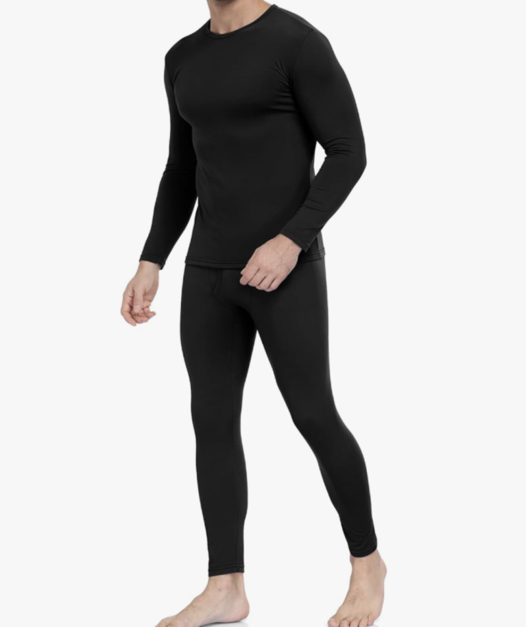 WEERTI Thermal Underwear for Men Long Johns with Fleece Lined Base Layer man wearing top and bottom on white background