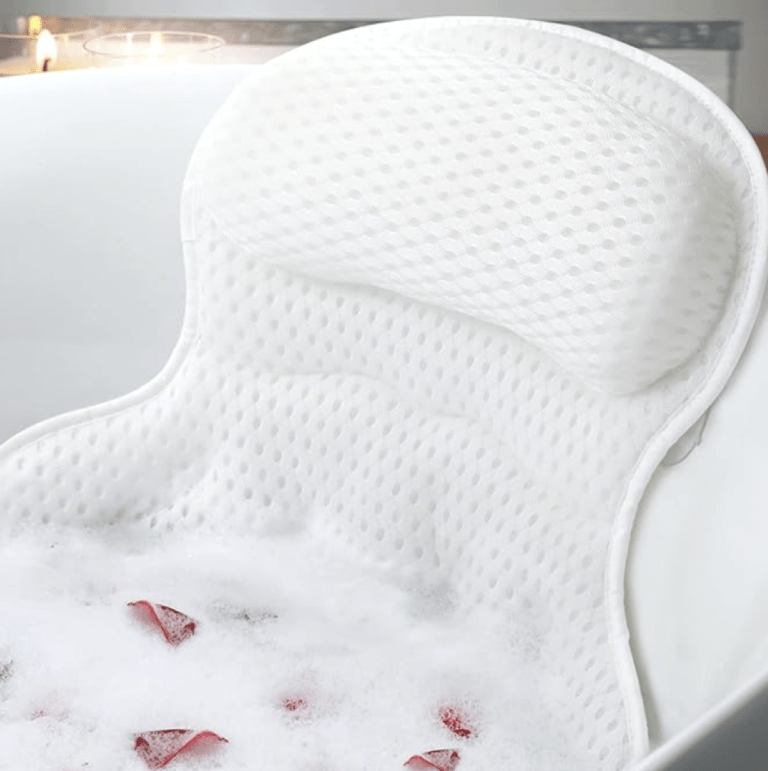 Bath Pillow Bathtub Pillow, white 4D Mesh Fabric against wall of filled bathtub