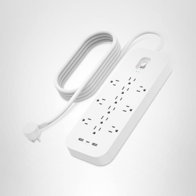 Belkin 12-outlet surge protector on a white background.