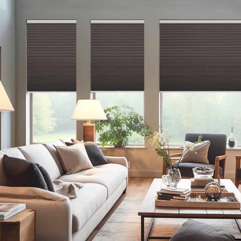Changeshade Cellular Shades in brown on three windows in a large, contmporary living room with a brown couch.