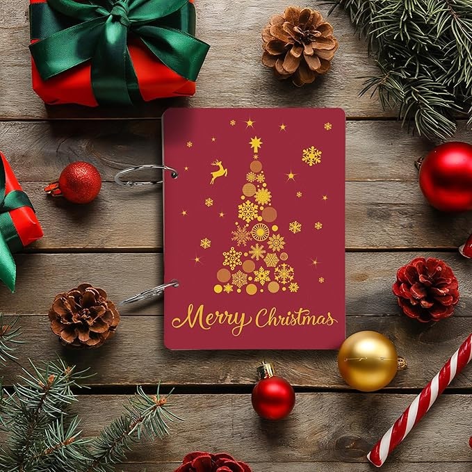 Red greeting card organizer with a Christmas tree on the front, surrounded by holiday ornaments and pine cones.