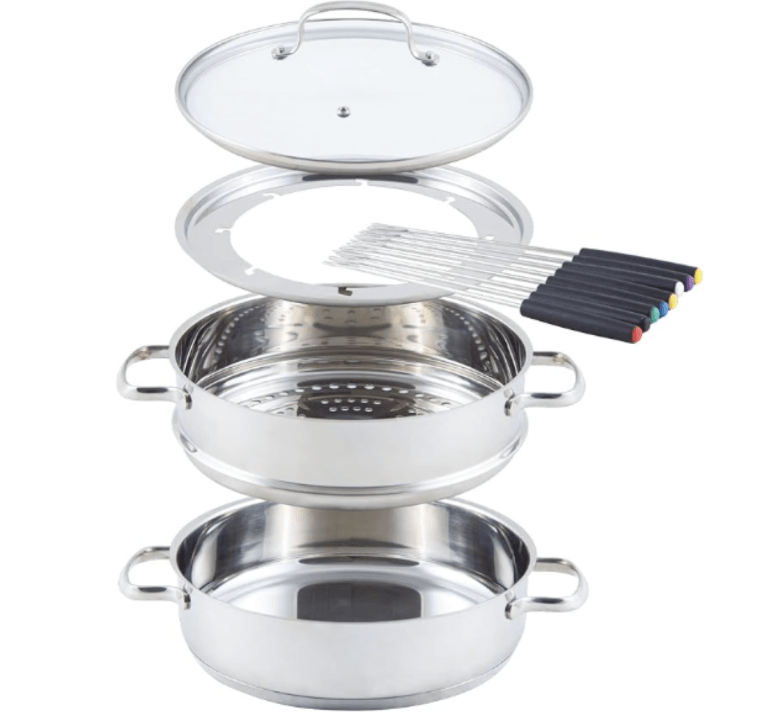Nuwave 18/8 Stainless Steel Ultimate Cookware Set, Free of PTFE, PFOA, PFOS, Fondue Pot Set, (Renewed) with stacked sections on white background