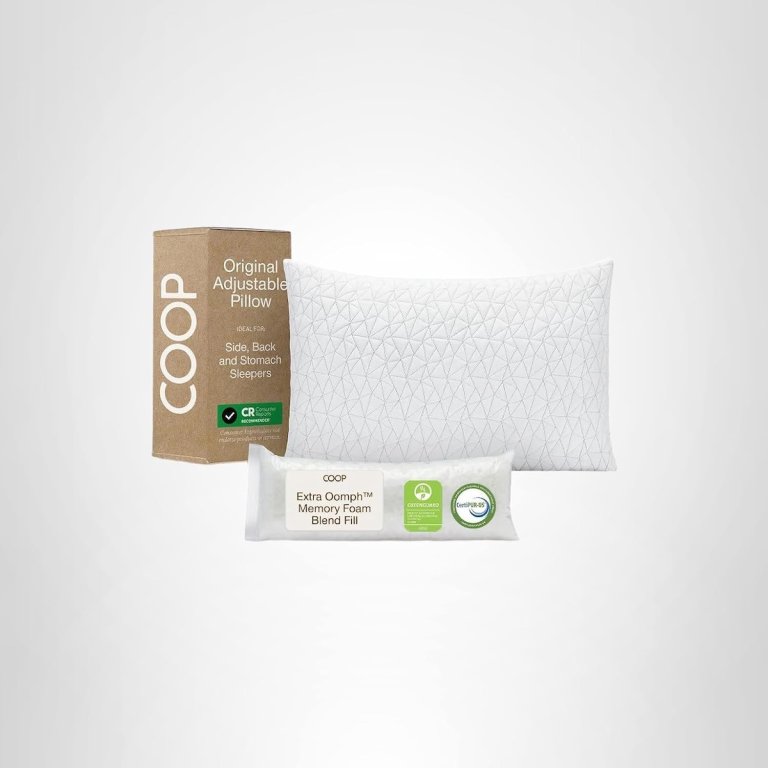 Coop Home Goods original adjustable pillow with packaging on a white background.
