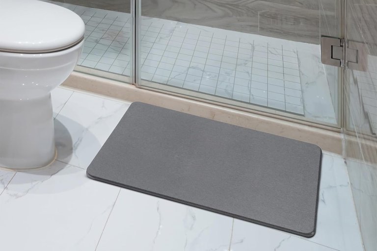A diatomaceous earth stone bath mat outside of a shower.