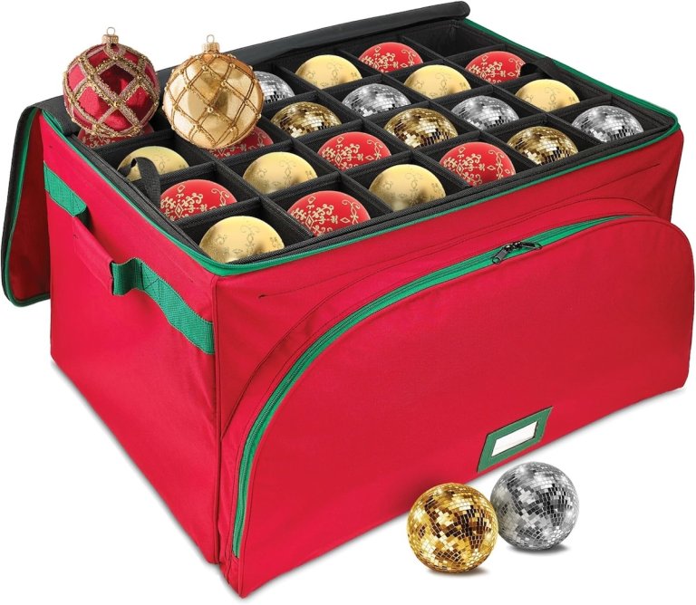 Holdn Storage Christmas ornament holder, red zipped case full of ball ornaments.