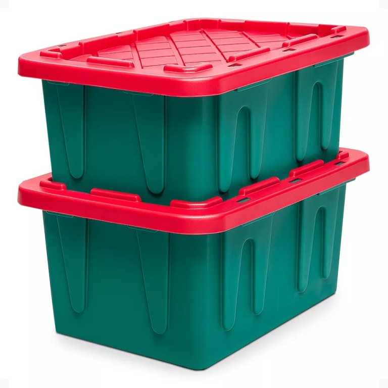 Two Homz plastic storage bins, dark green containers with red lids.