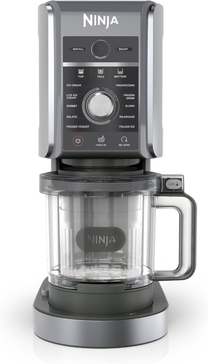 Ninja NC501 CREAMi Deluxe 11-in-1 Ice Cream & Frozen Treat Maker with 2 XL Family Size Pint Containers, Silver (Renewed) on white background