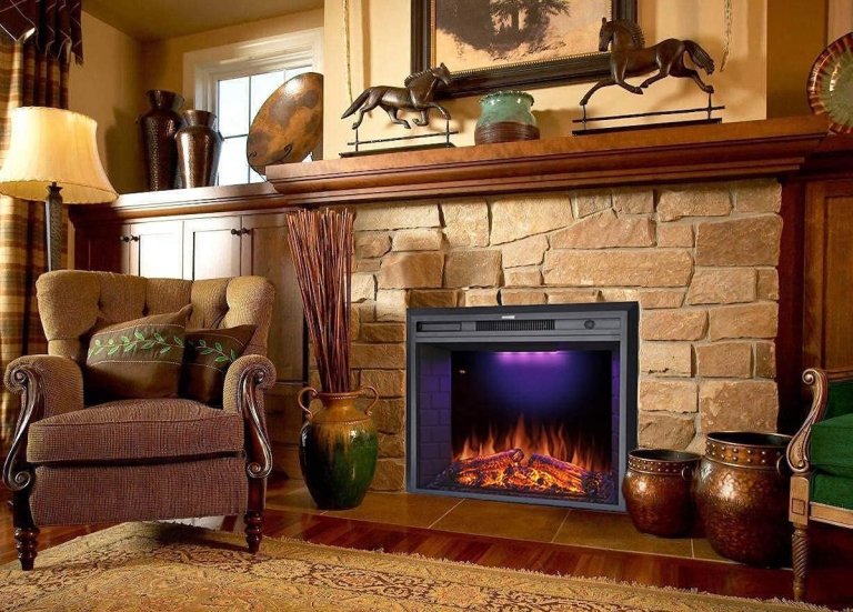 Masarflame electric fireplace insert in a cozy living room scene.