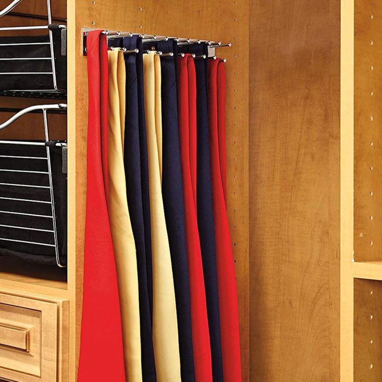 Rev-a-Shelf tie and belt organizer with ties on it, inside a closet.
