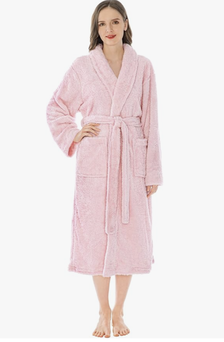 woman wearing pink PAVILIA Premium Womens Plush Soft Robe Fluffy, on white background