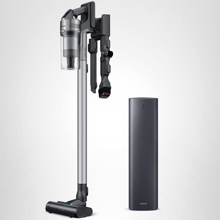 Samsung Jet 75 vacuum with charging base on a white background.