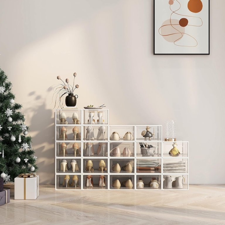 See Spring shoe organizer 12-pack assembled against a wall with part of a Christmas tree visible at left.