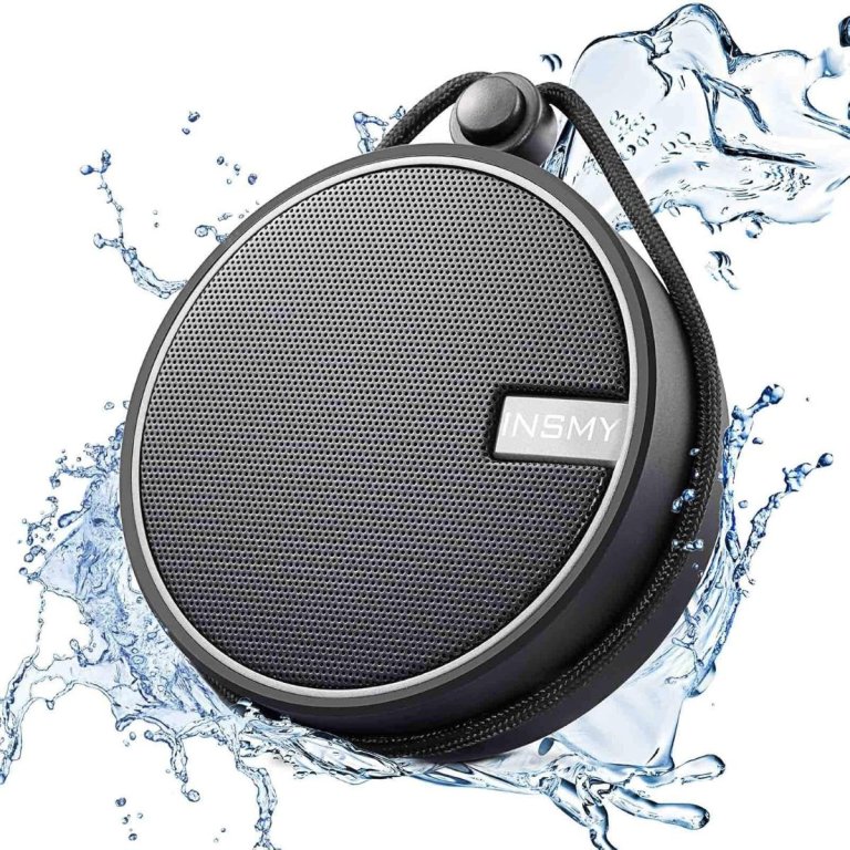 INSMY C12 IPX7 Waterproof Shower Bluetooth Speaker, black, on a white background with splashing water