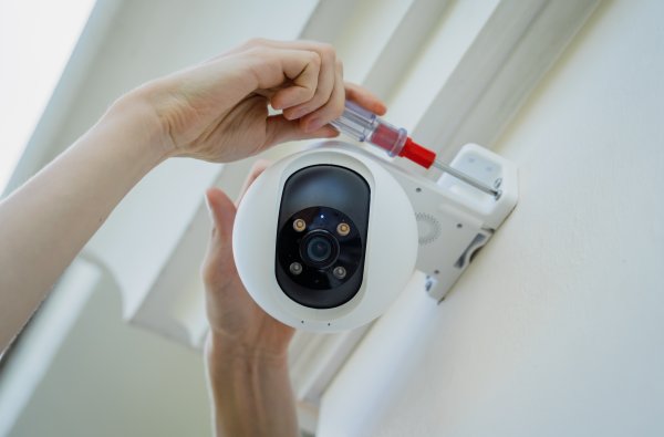 A woman installs a security camera on the facade of a home.