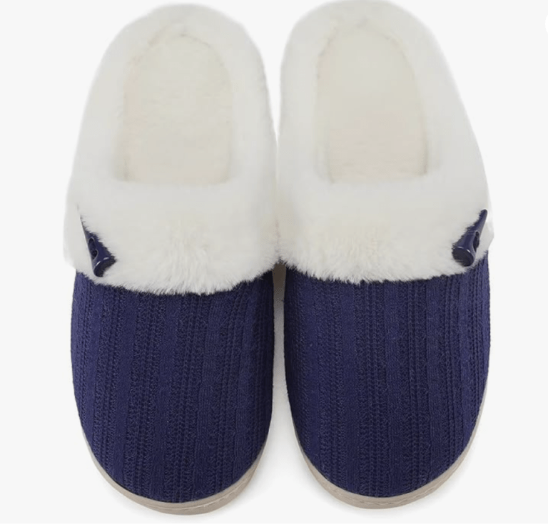 NineCiFun Women's Slip on Fuzzy Slippers Memory Foam navy fabric and white fur against white background