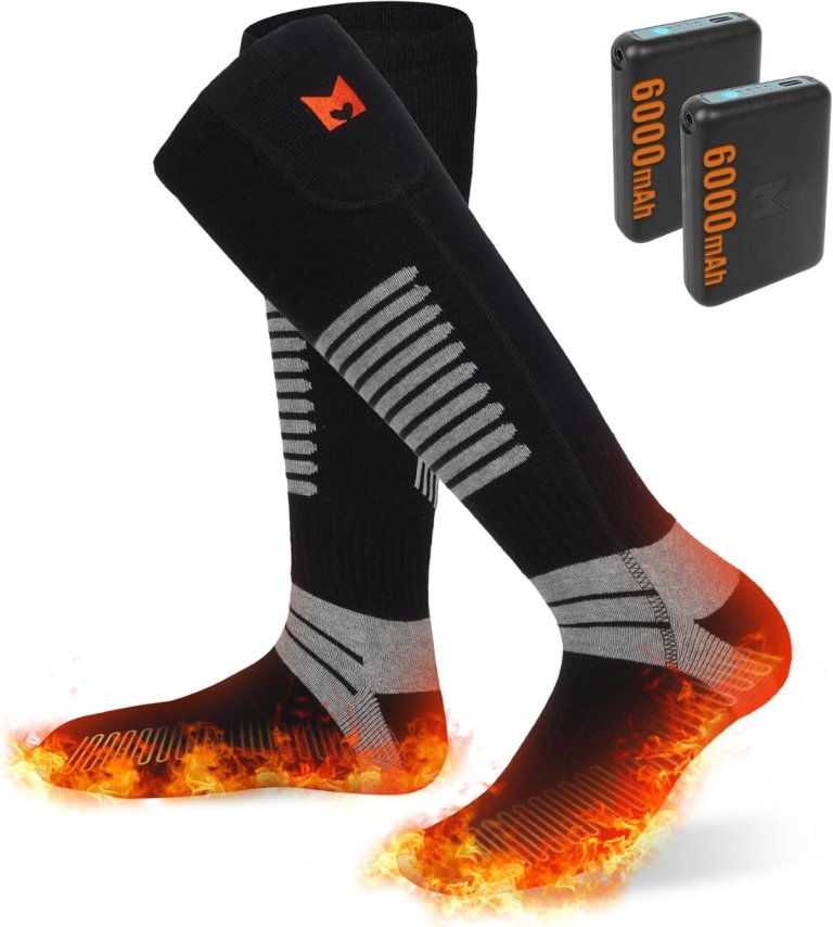Rechargeable Heated Socks, for Men Women, on foot models with batteries on white background