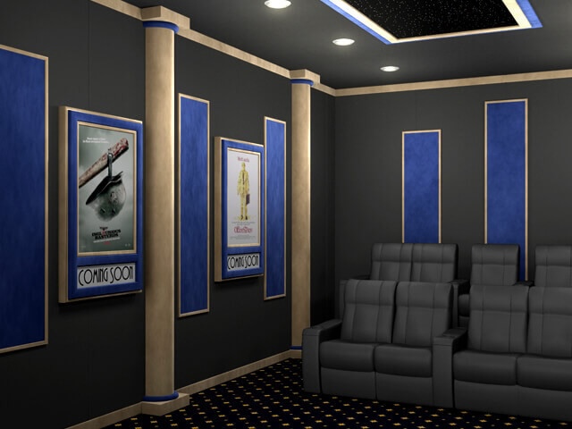 A darkened home theater with movie posters on the walls, and two wood columns between the posters.