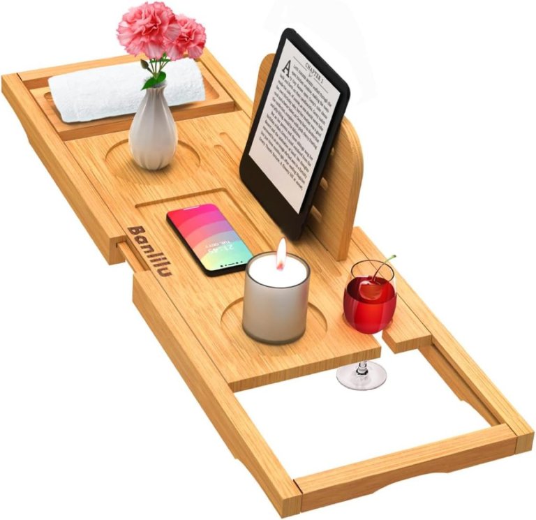 Premium Bamboo Bathtub Tray Caddy - adorned with candle, wine, tablet on a white background