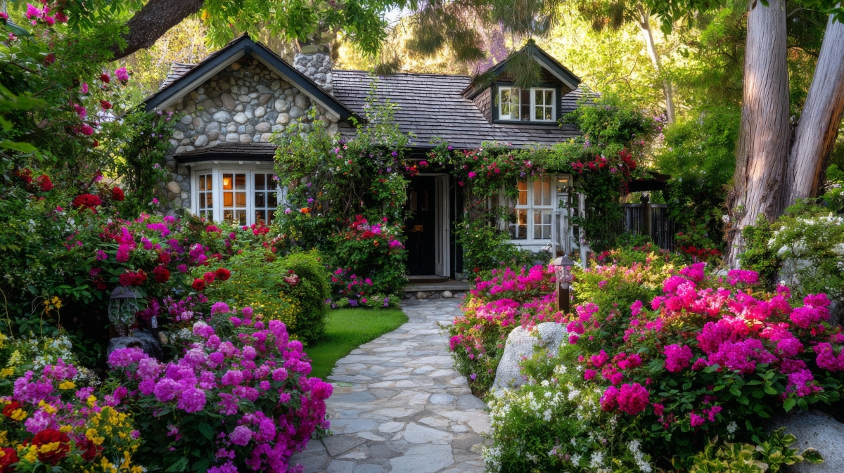 Lush flowerbed in front yard of a cottage home.