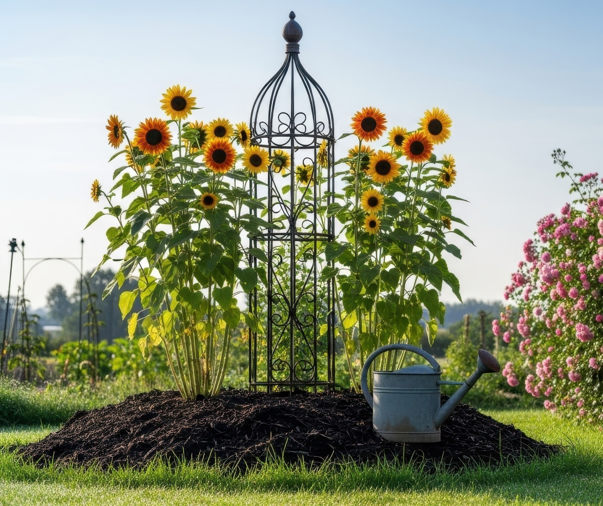 Tall sunflowers in the garden next to a watering can. 