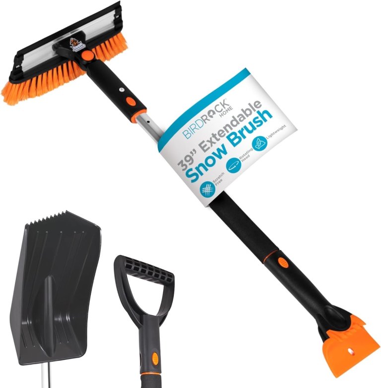 The BirdRock Home Snow Moover Extendable Brush & Scraper on a white background