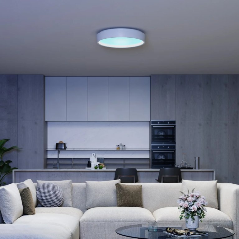 Govee Sky Ceiling Light mimicks a skylight in a modern windowless living room