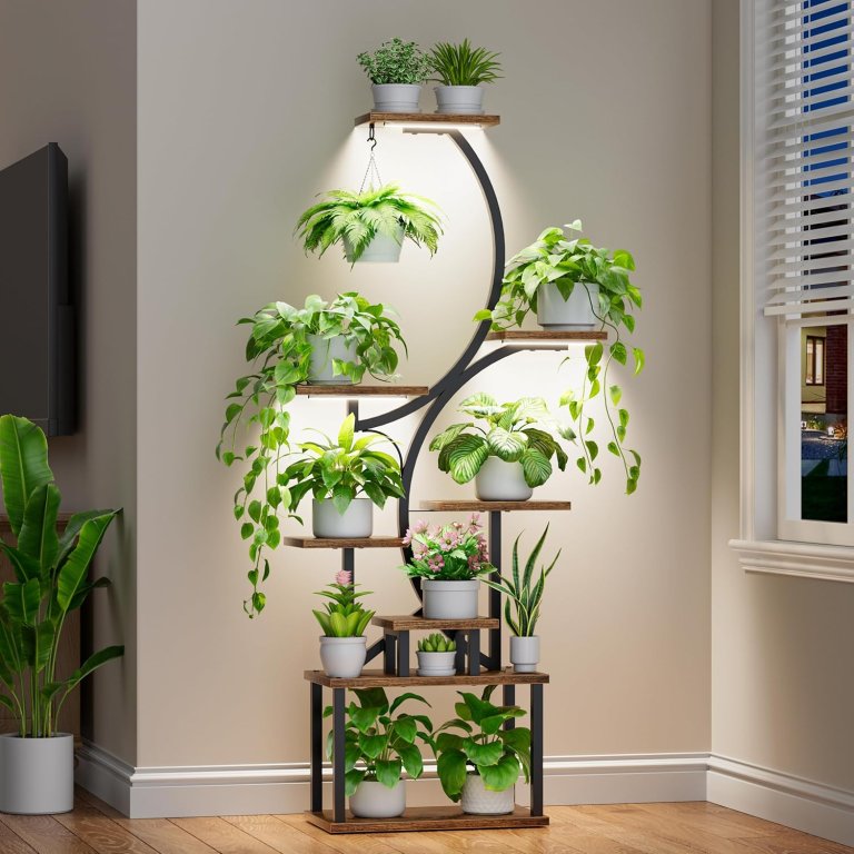 A plant stand with grow lights integrated.