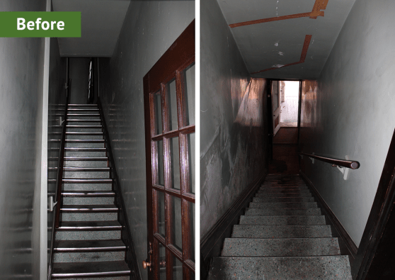 Before showing walls covering old staircase trim.