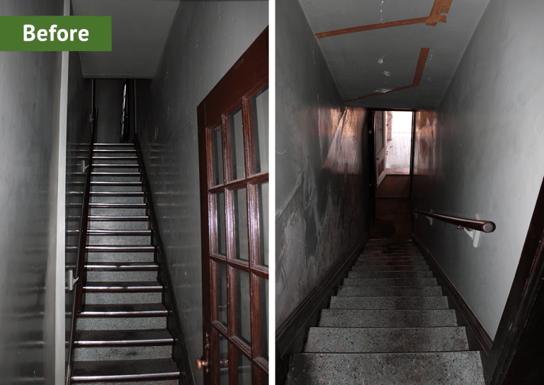 Before showing walls covering old staircase trim.