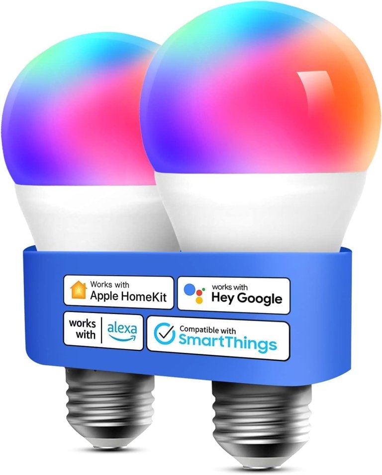 Two Meross MSL120 Smart Wi-Fi LED Bulbs on a white background with packaging that shows smart compatibility