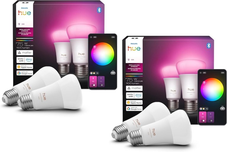Two boxes of 2 each of the Philips Hue 75W A19 E26 Dimmable Smart Light Bulbs on a white background