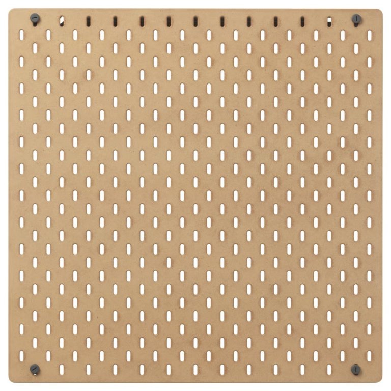 22-inch square Ikea Skadis wood pegboard on white background