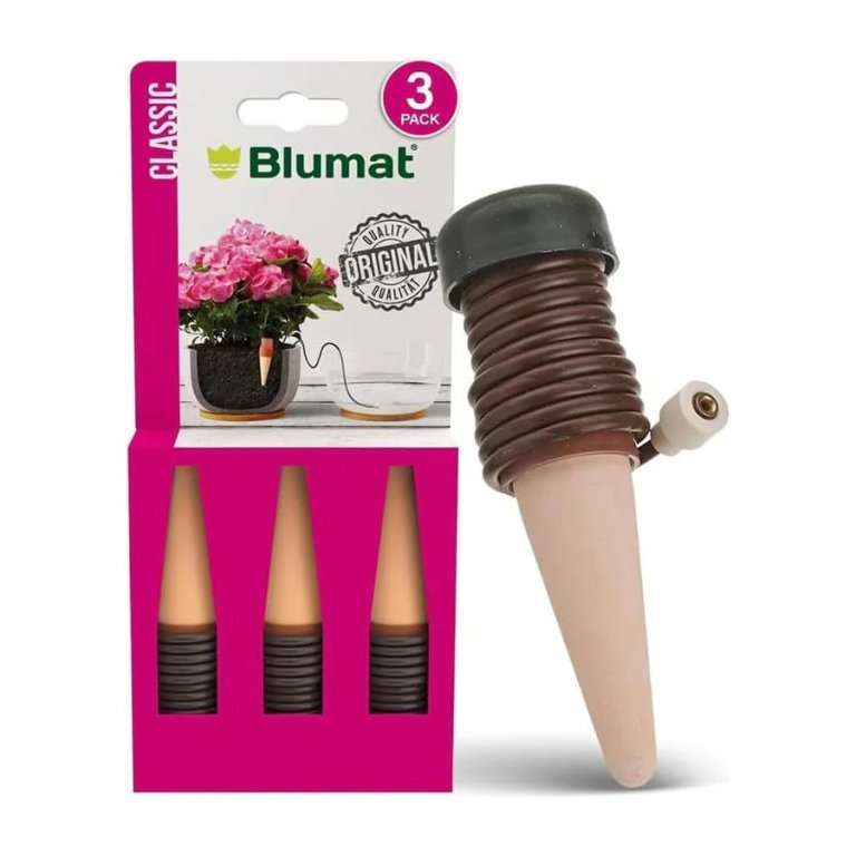 The Blumat Classic Automatic Plant Watering Stakes next to their packaging on a white background