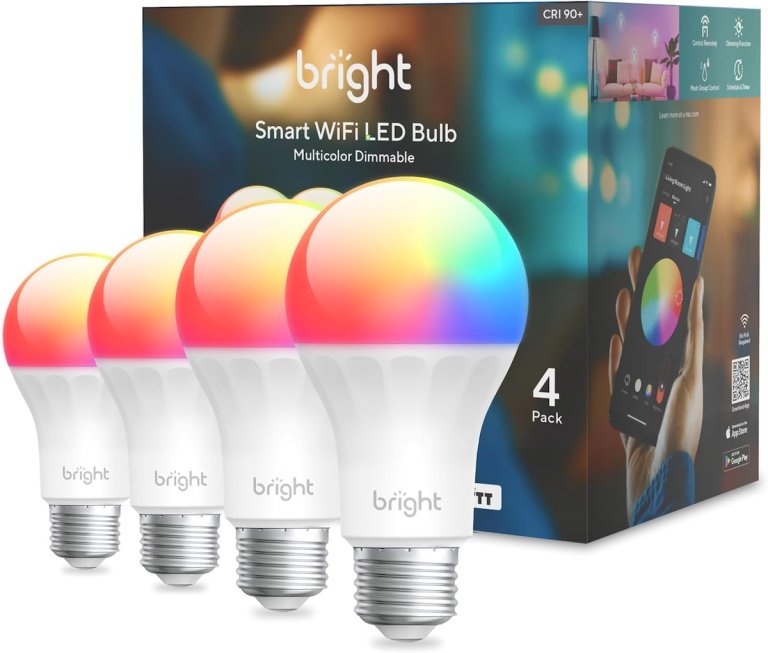 Four of the U-Tec Bright A19 Smart Wi-FI LED Bulbs and their box on a white background