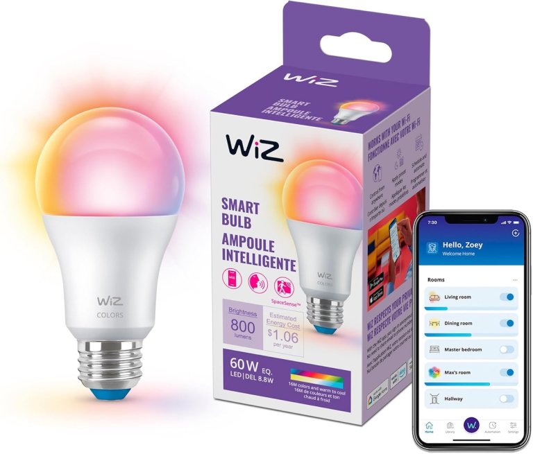 The WiZ 60W A19 E26 Full-Color Smart LED Bulb, box, and a smartphone on a white background