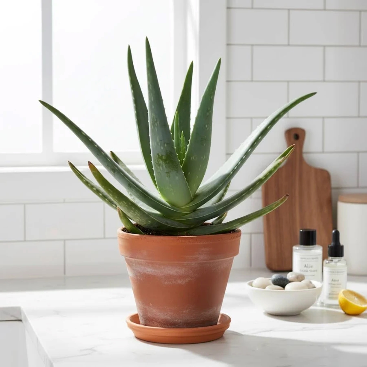 A potted aloe vera plant in the kitchen.
