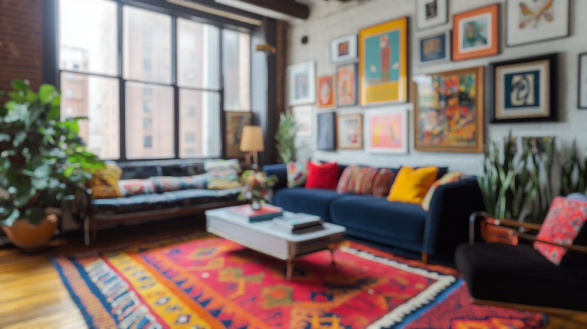 Blurred background of vibrant eclectic living room featuring bold patterns, mismatched furniture, and a warm atmosphere filled with creativity and style.