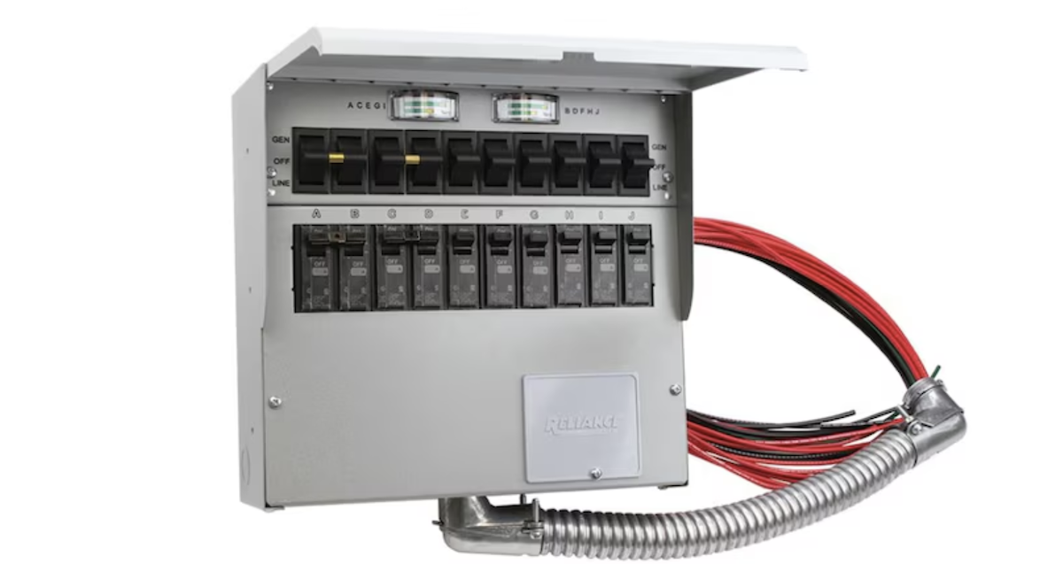 A transfer switch for connecting a portable generator to a breaker panel. 