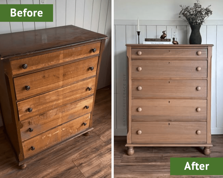 A 100-year-old dresser before and after photo.