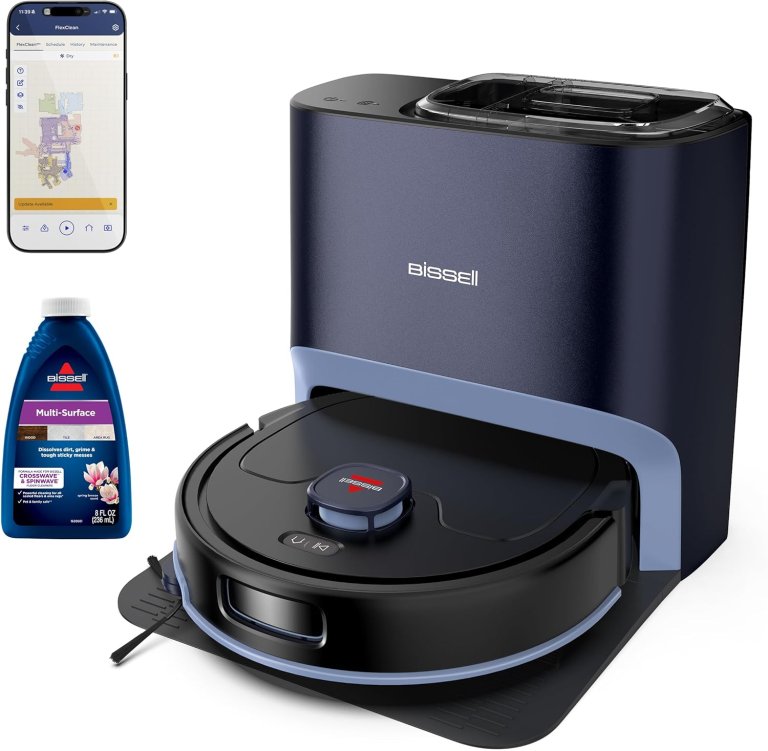 BISSELL FlexClean™ FurForce™ 2-in-1 Vac and Mop Robot with cell phone showing app and Multi-Surface Solution.