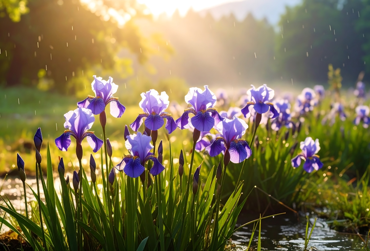 Blue iris flowers in a rain garden.