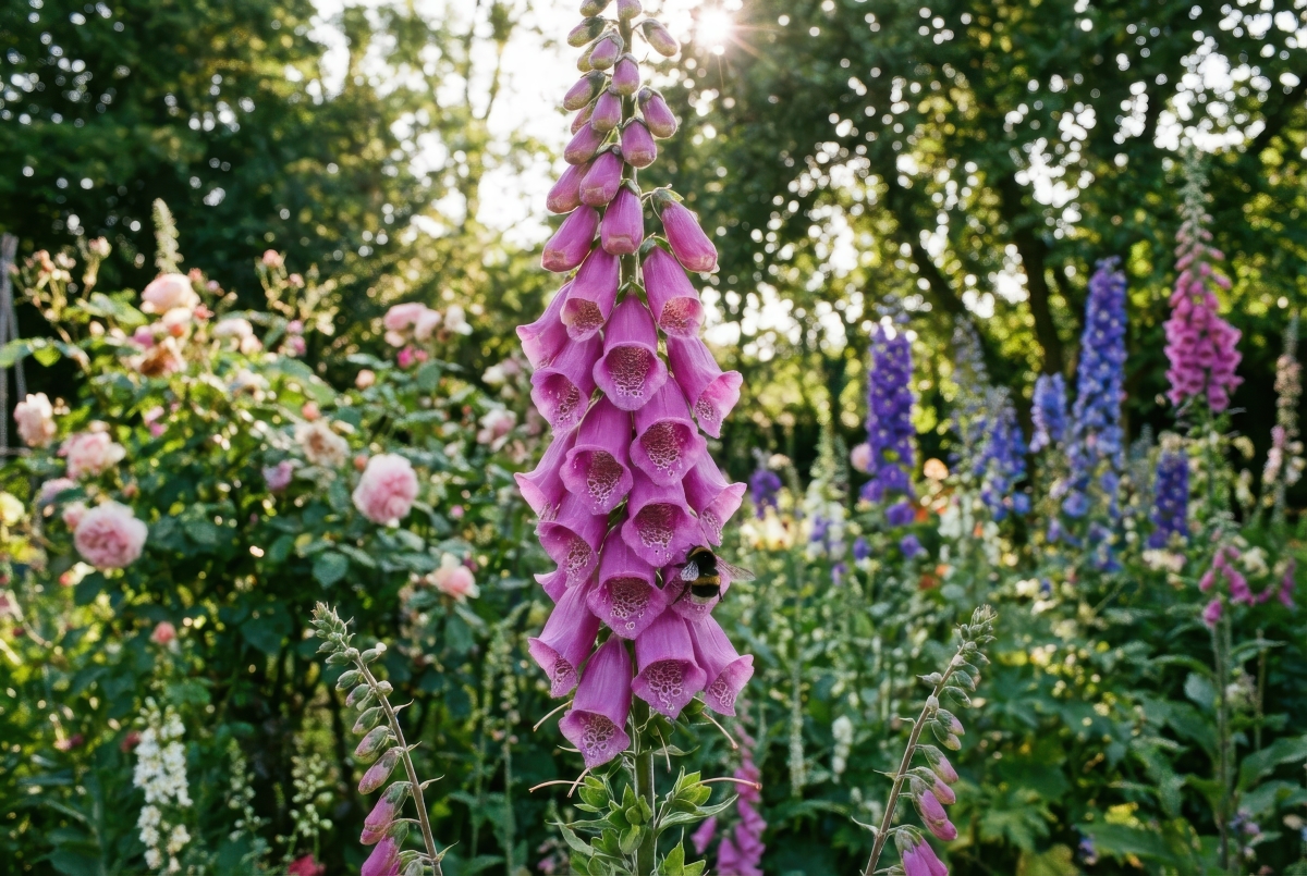 Tall pink foxglove flower among other flowers in a garden.