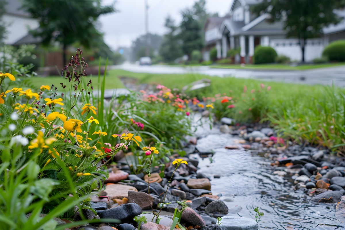 A close up of rain garden full of water.