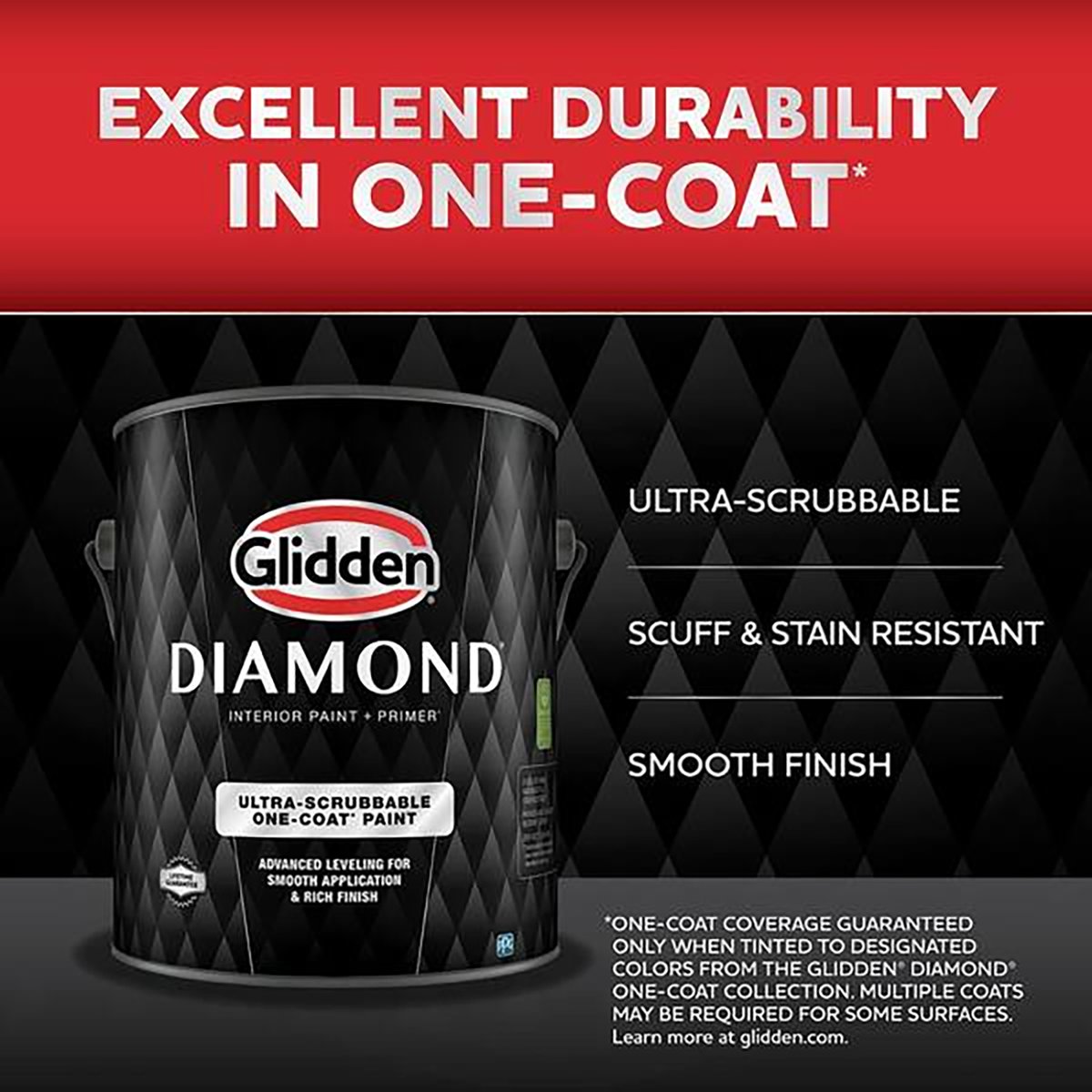 Glidden Paint can with asterisk and fine print about one-coat paint formula.