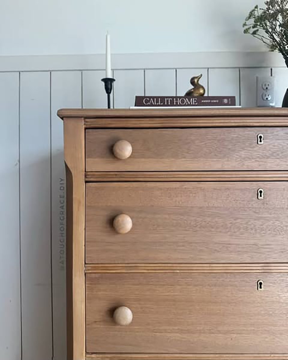 Grace Holbrook's restored wood dresser after bleaching the wood.